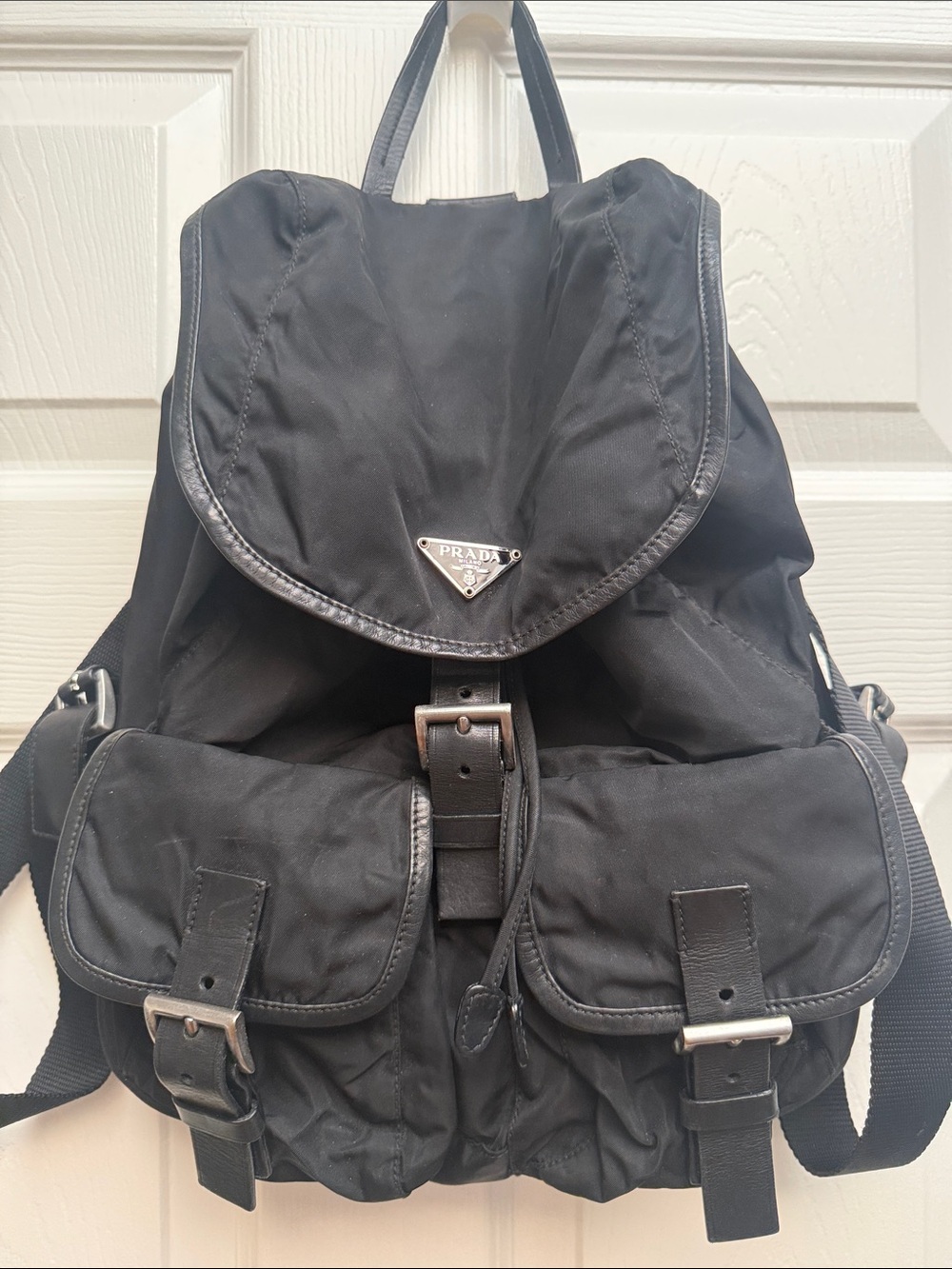 Prada Black Nylon Backpack with Buckle Front Pockets
